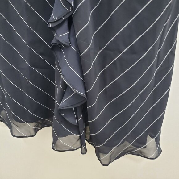 American Living Women's Navy White Pinstripe Ruffle Front Flutter Midi Dress 12 - Picture 2 of 5